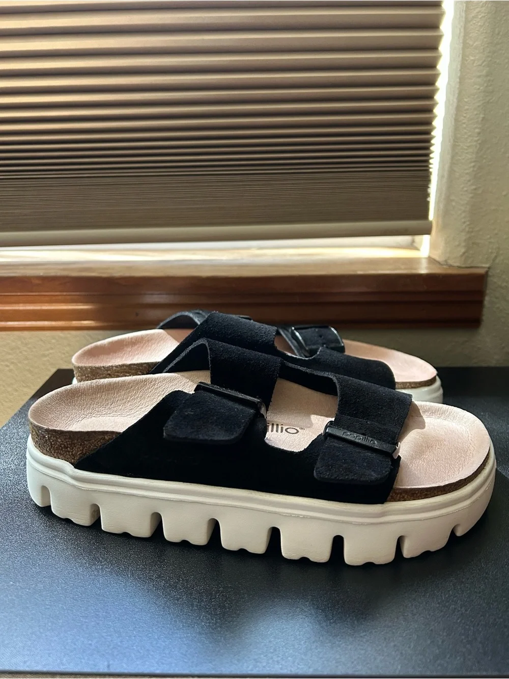 Birkenstock/Papillo Black Suede Double-Buckle Platform Slide Sandals
